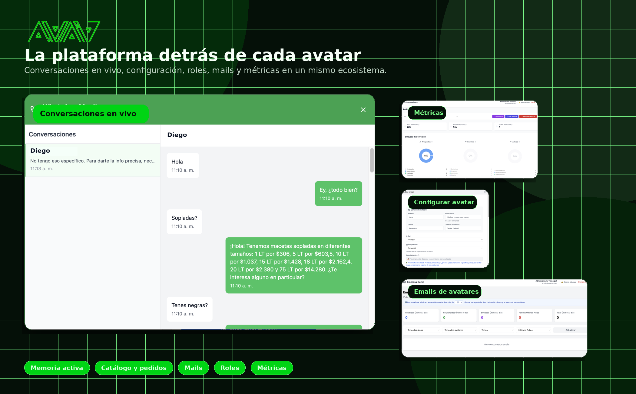 Interfaz de AVAIA con conversaciones en vivo, métricas, configuración de avatares y mails